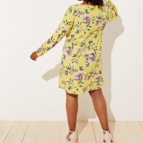 Loft Plus Yellow Floral Midi Shift Dress with Long Sleeves NWOT - Picture 2 of 9